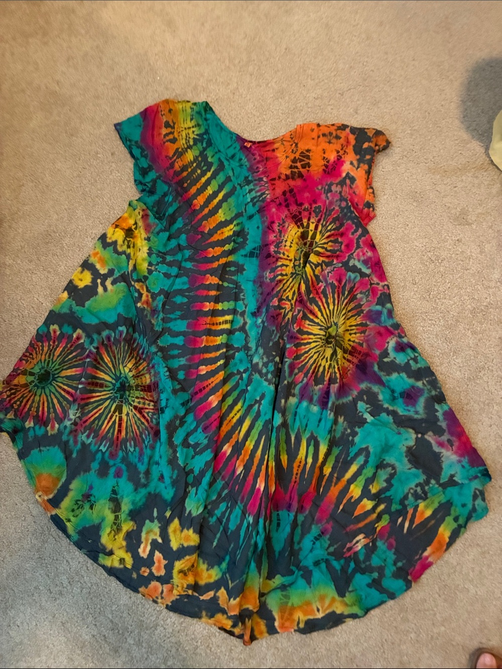 Multicolor Tie-Dye Midi Dress - Teal, Pink, Orange, Yellow, Black